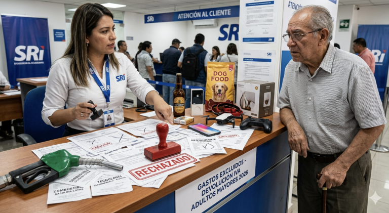 Un contribuyente de la tercera edad recibe asesoría sobre los nuevos filtros del SRI. En 2026, gastos en combustible, tecnología y artículos de recreación han sido catalogados como 'rechazados' para la devolución del IVA.