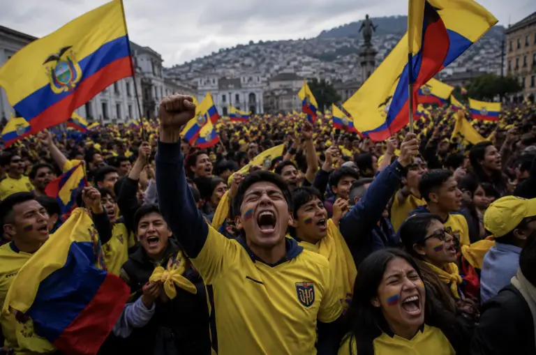 Hinchas de Ecuador celebran con banderas y teléfonos móviles la llegada de la Copa Mundial de la FIFA 2026.