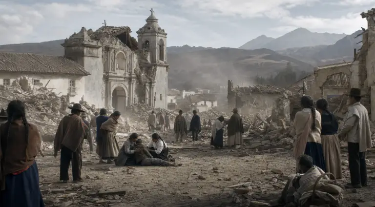 Recreación de la destrucción de la antigua Riobamba tras el terremoto de 1797; no corresponde a un registro fotográfico real.