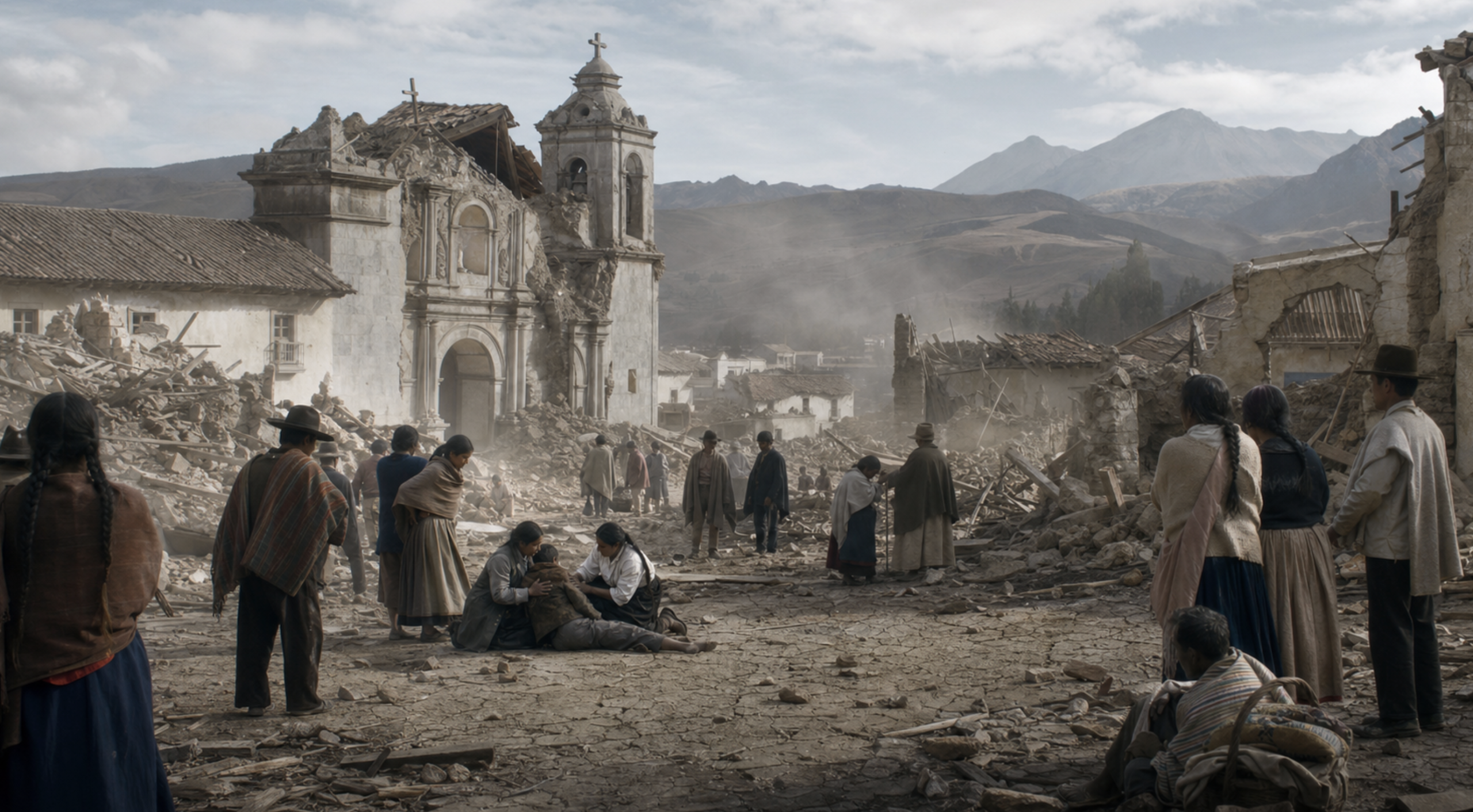 Recreación de la destrucción de la antigua Riobamba tras el terremoto de 1797; no corresponde a un registro fotográfico real.