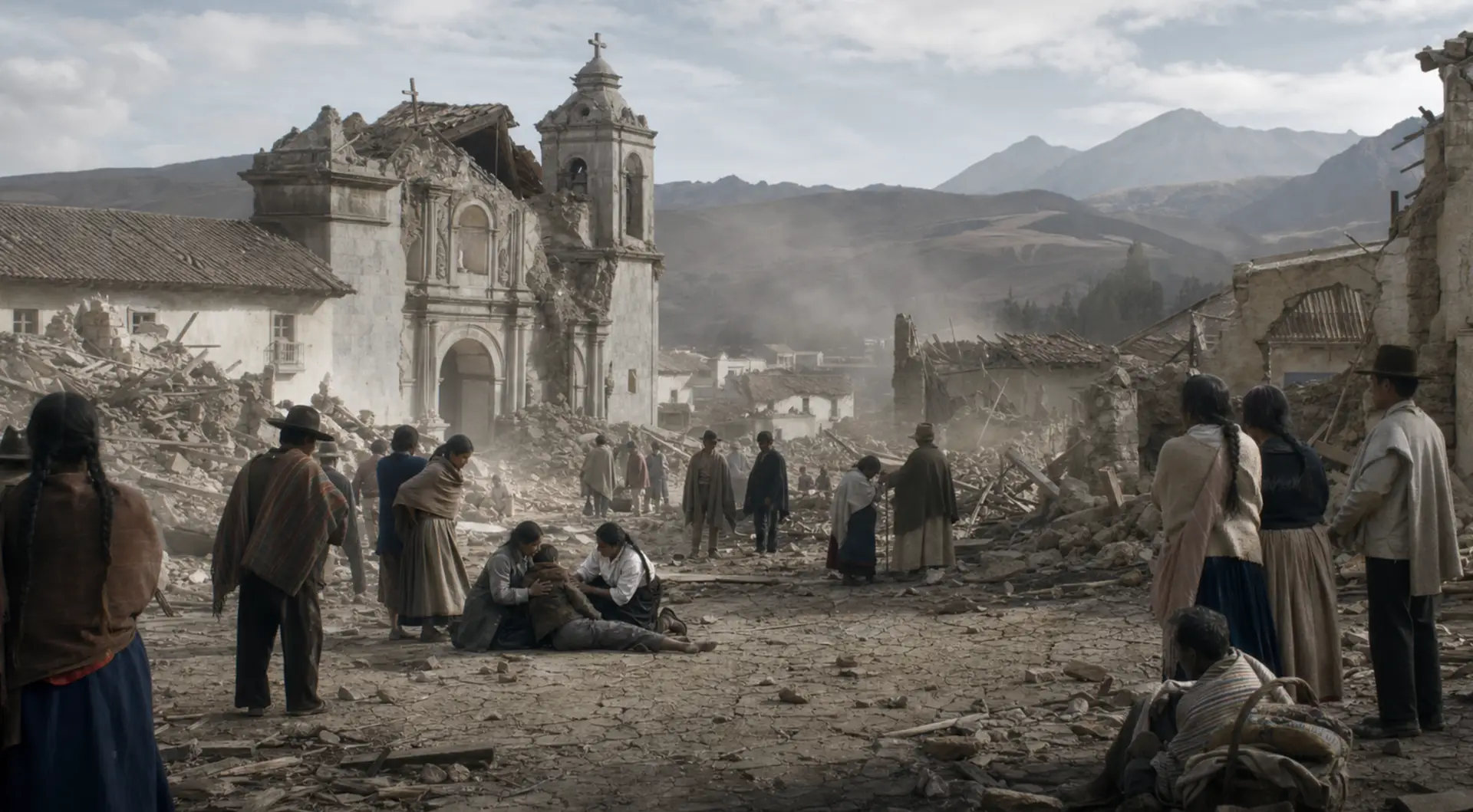 Recreación de la destrucción de la antigua Riobamba tras el terremoto de 1797; no corresponde a un registro fotográfico real.