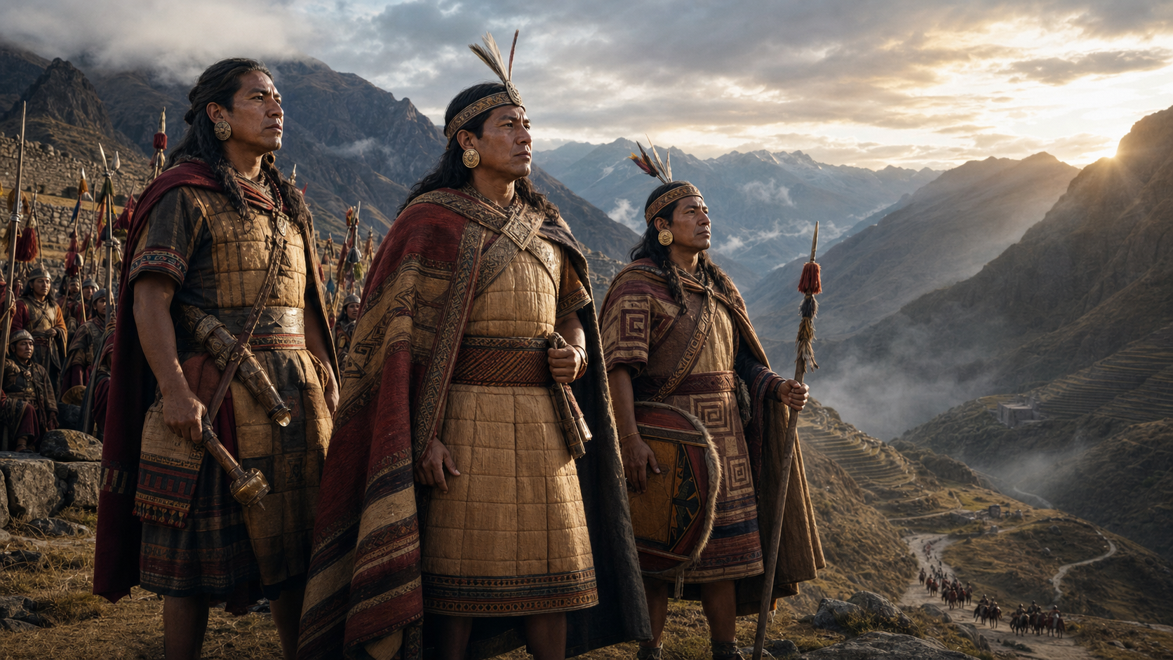 Representación simbólicamente a los tres generales atahualpistas en los Andes, ante el avance español.