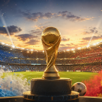 Trofeo de fútbol en un estadio con los colores de Argentina y España antes de la final del Mundial 2026