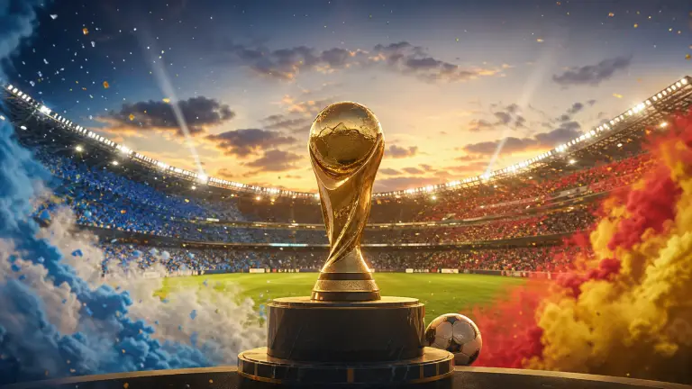 Trofeo de fútbol en un estadio con los colores de Argentina y España antes de la final del Mundial 2026