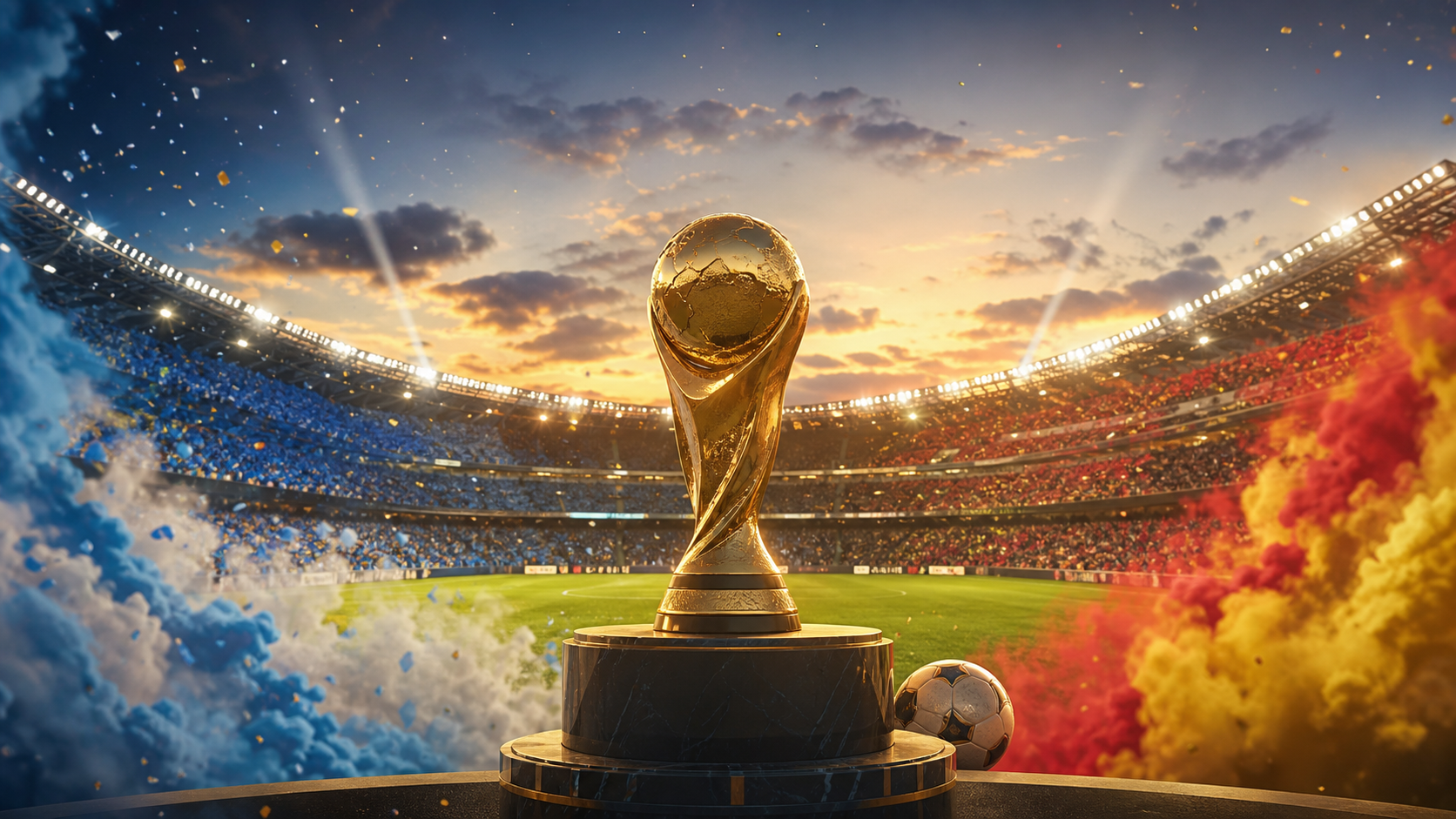 Trofeo de fútbol en un estadio con los colores de Argentina y España antes de la final del Mundial 2026