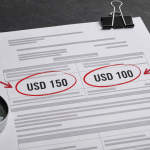 Documento administrativo con los montos contradictorios USD 150 y USD 100 señalados en rojo