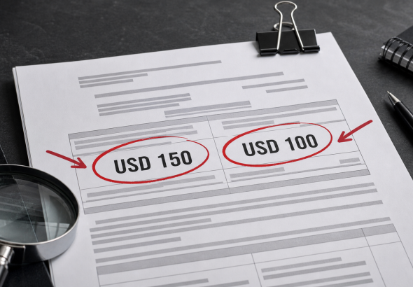 Documento administrativo con los montos contradictorios USD 150 y USD 100 señalados en rojo