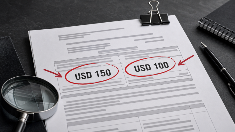 Documento administrativo con los montos contradictorios USD 150 y USD 100 señalados en rojo