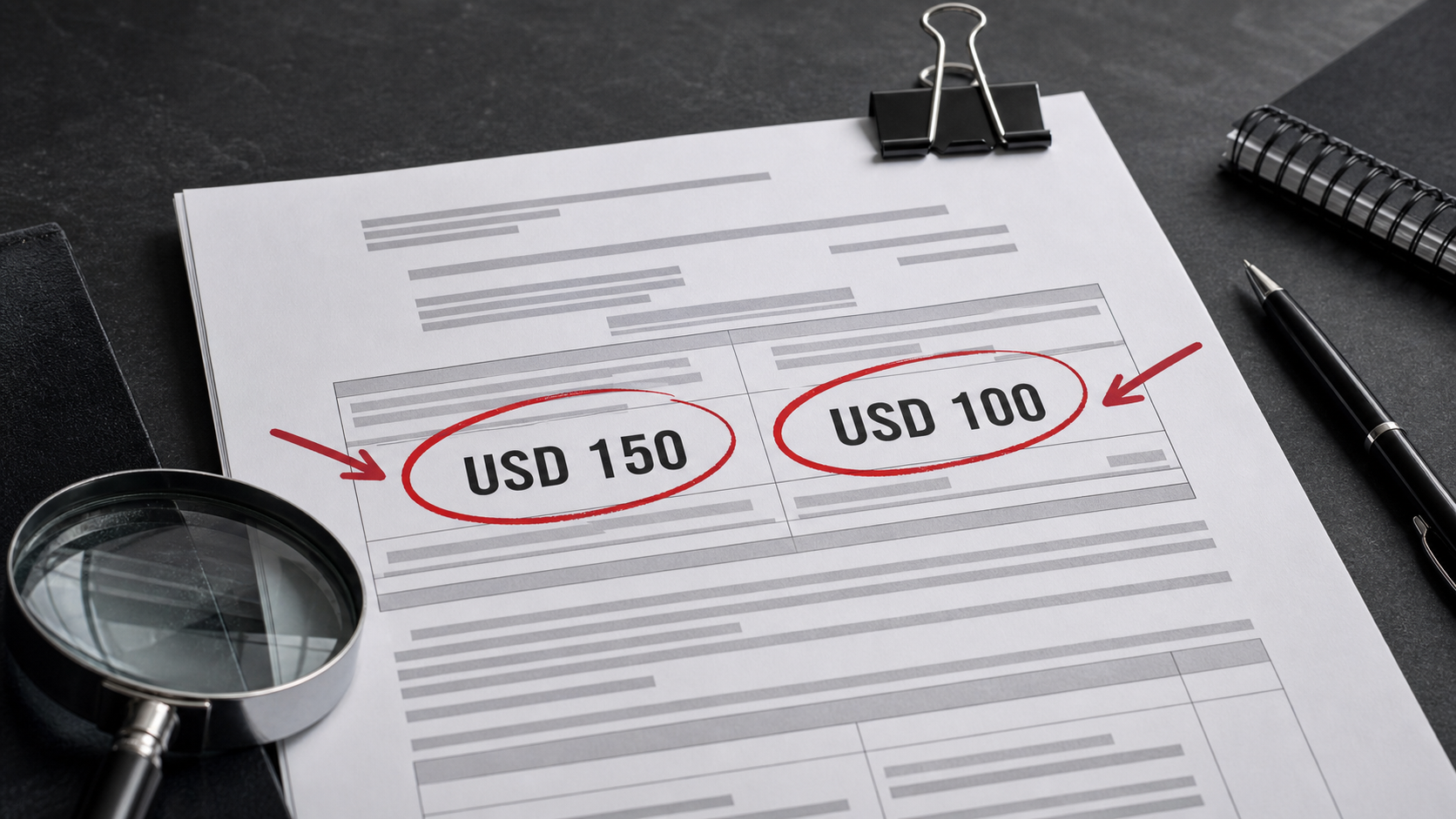 Documento administrativo con los montos contradictorios USD 150 y USD 100 señalados en rojo