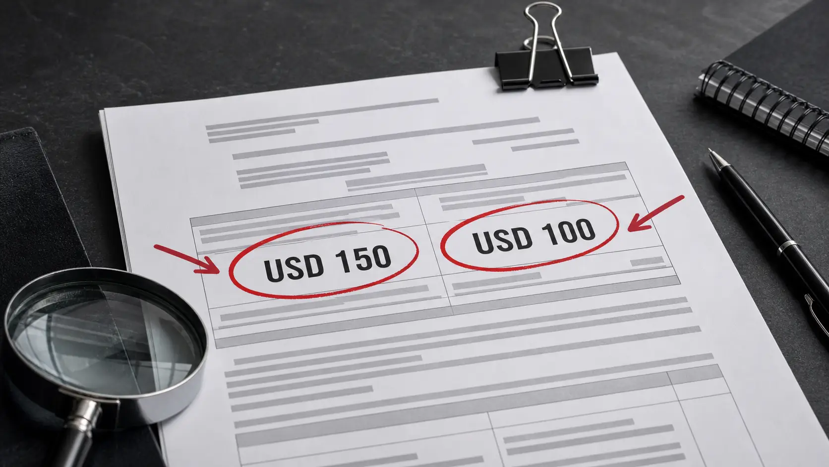 Documento administrativo con los montos contradictorios USD 150 y USD 100 señalados en rojo