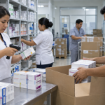 Personal hospitalario organiza cajas de medicamentos para su distribución