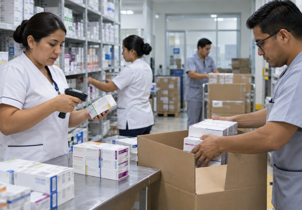 Personal hospitalario organiza cajas de medicamentos para su distribución