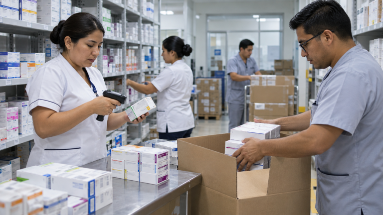 Personal hospitalario organiza cajas de medicamentos para su distribución