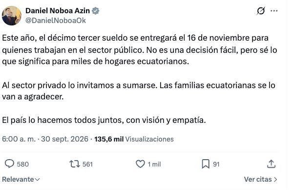 Captura del anuncio del presidente Daniel Noboa sobre el adelanto del décimo tercer sueldo