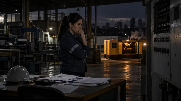 Fábrica ecuatoriana con maquinaria detenida y un generador durante la crisis eléctrica