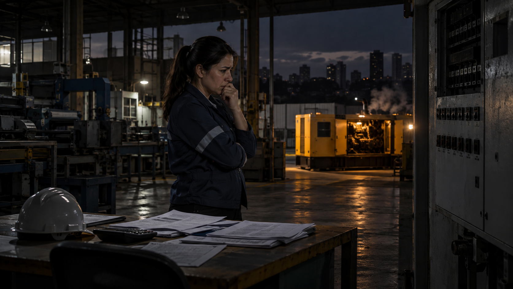 Fábrica ecuatoriana con maquinaria detenida y un generador durante la crisis eléctrica