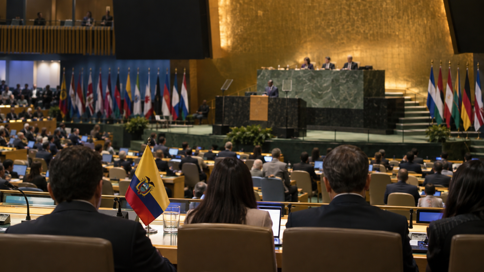 Delegación ecuatoriana en una asamblea diplomática internacional durante la participación presidencial en la ONU