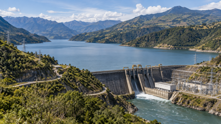 Imagen referencial de un embalse hidroeléctrico y redes eléctricas en los Andes