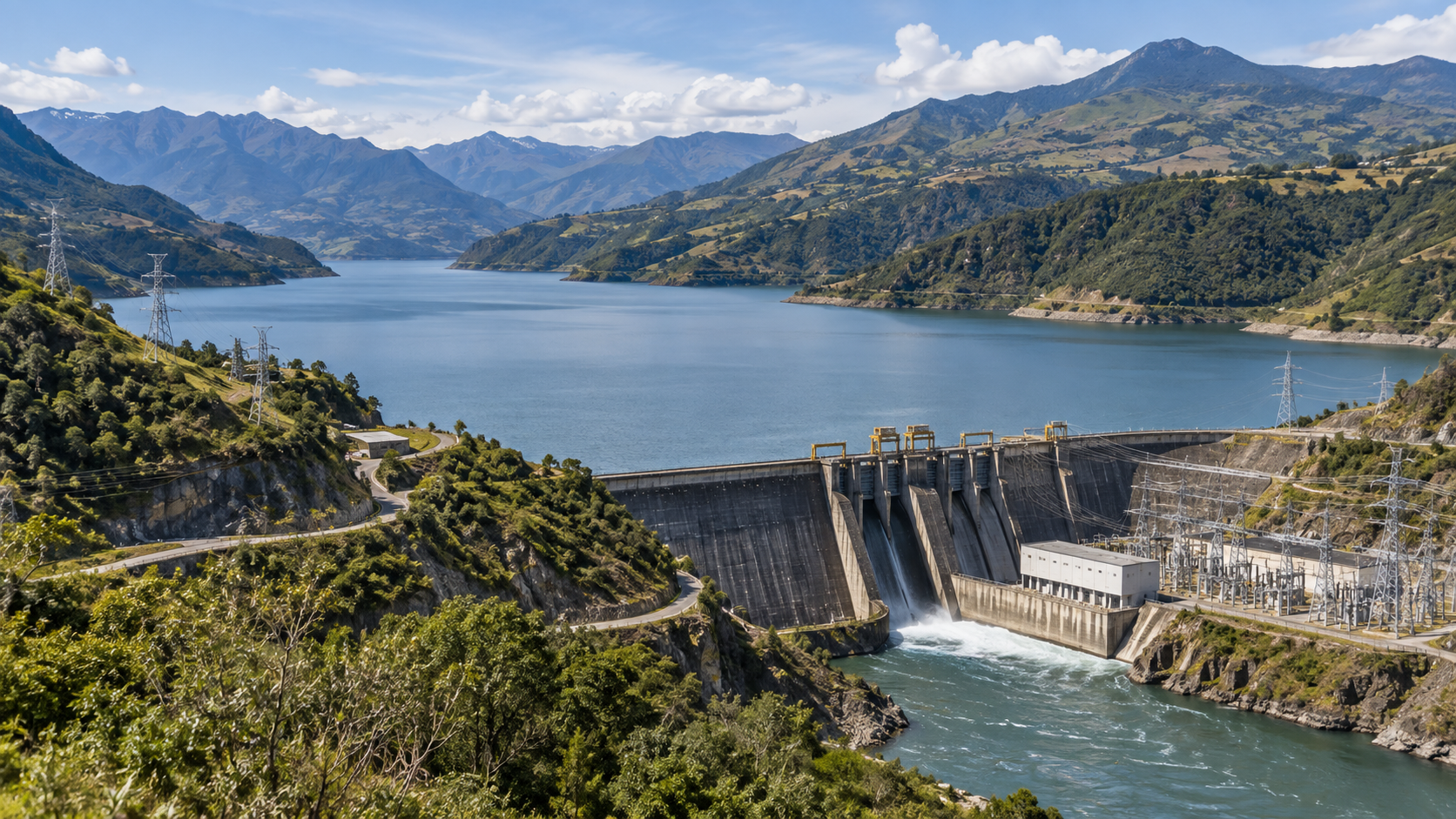 Imagen referencial de un embalse hidroeléctrico y redes eléctricas en los Andes