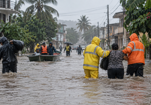 Equipos de emergencia ayudan a residentes durante una inundación en una ciudad de Ecuador