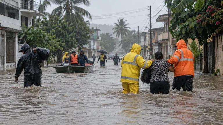 Equipos de emergencia ayudan a residentes durante una inundación en una ciudad de Ecuador