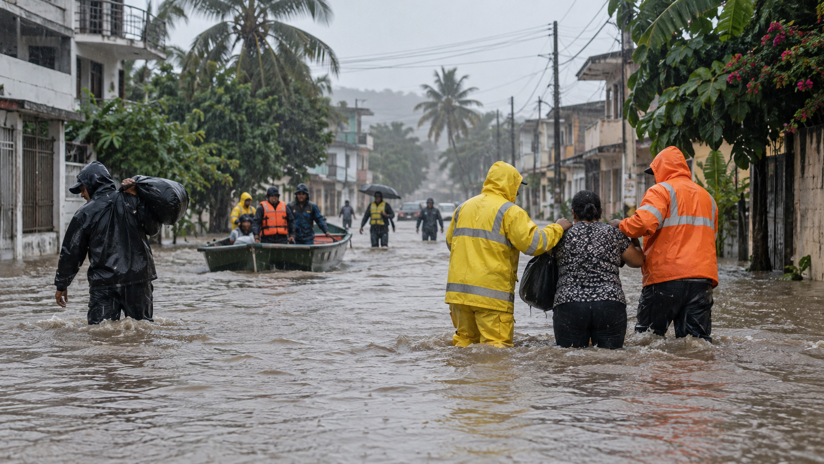 Equipos de emergencia ayudan a residentes durante una inundación en una ciudad de Ecuador