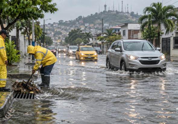 Calle anegada por lluvias intensas en Guayaquil