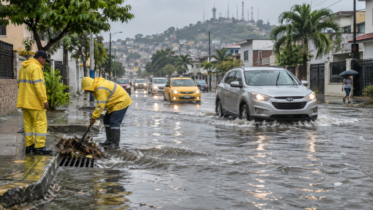 Calle anegada por lluvias intensas en Guayaquil