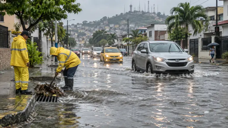 Calle anegada por lluvias intensas en Guayaquil