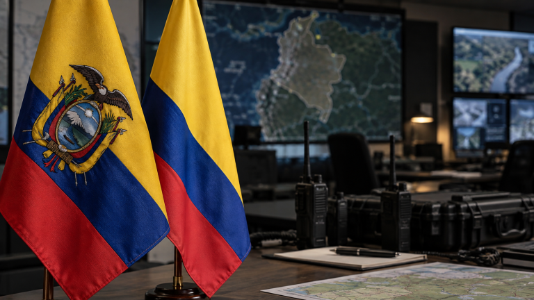 Banderas de Ecuador y Colombia en una sala de coordinación de seguridad internacional