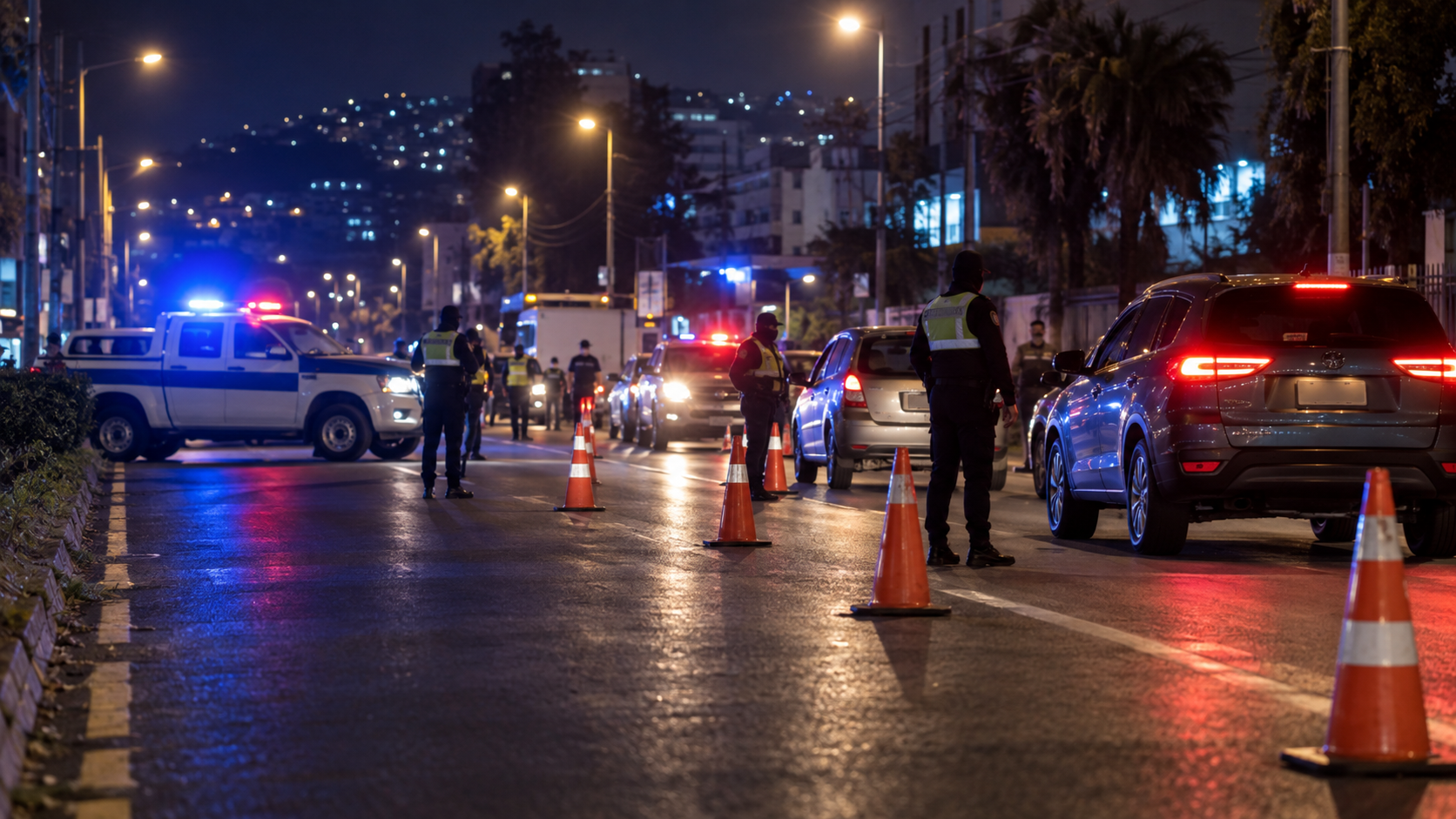 Operativo nocturno de seguridad y control vehicular durante un toque de queda