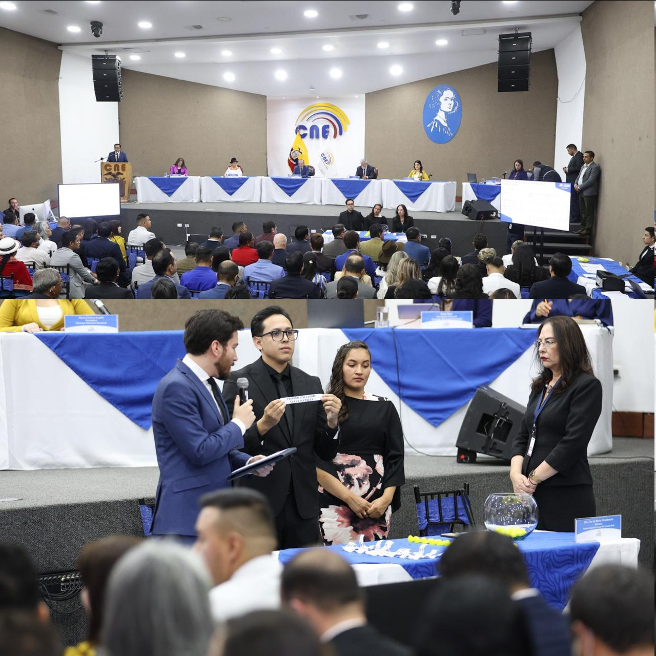 Autoridades y participantes durante el sorteo del CNE para ubicar candidaturas al CPCCS en las papeletas.
