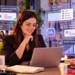 Ilustración de una emprendedora usando inteligencia artificial para atención al cliente, contenidos y análisis de datos en una pyme.