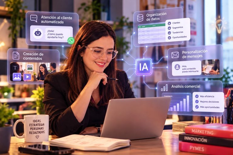 Ilustración de una emprendedora usando inteligencia artificial para atención al cliente, contenidos y análisis de datos en una pyme.