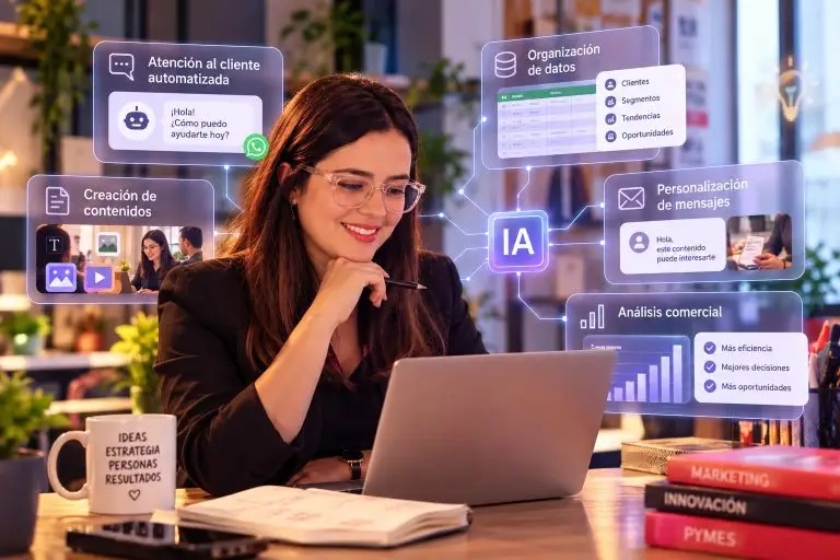 Ilustración de una emprendedora usando inteligencia artificial para atención al cliente, contenidos y análisis de datos en una pyme.