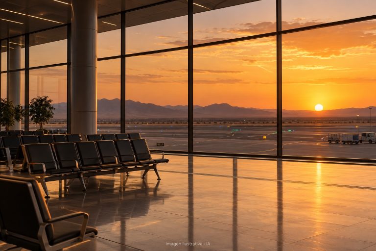 Ilustración con IA de una terminal aeroportuaria genérica en un paisaje desértico