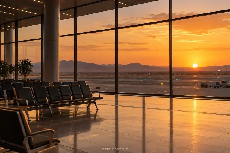 Ilustración con IA de una terminal aeroportuaria genérica en un paisaje desértico