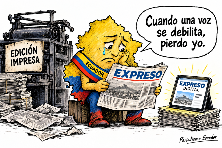 Caricatura de Ecuador lamentando el fin de la edición impresa de Expreso, mientras continúa su versión digital