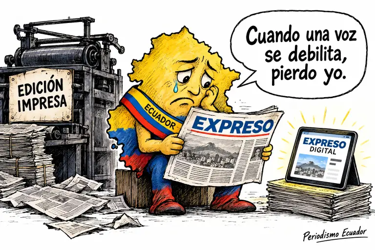 Caricatura de Ecuador lamentando el fin de la edición impresa de Expreso, mientras continúa su versión digital