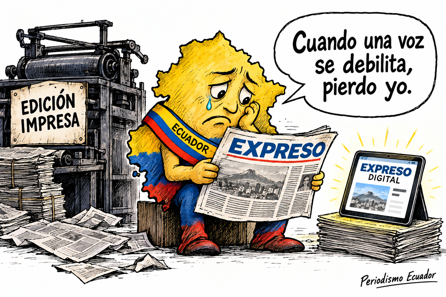 Caricatura de Ecuador lamentando el fin de la edición impresa de Expreso, mientras continúa su versión digital