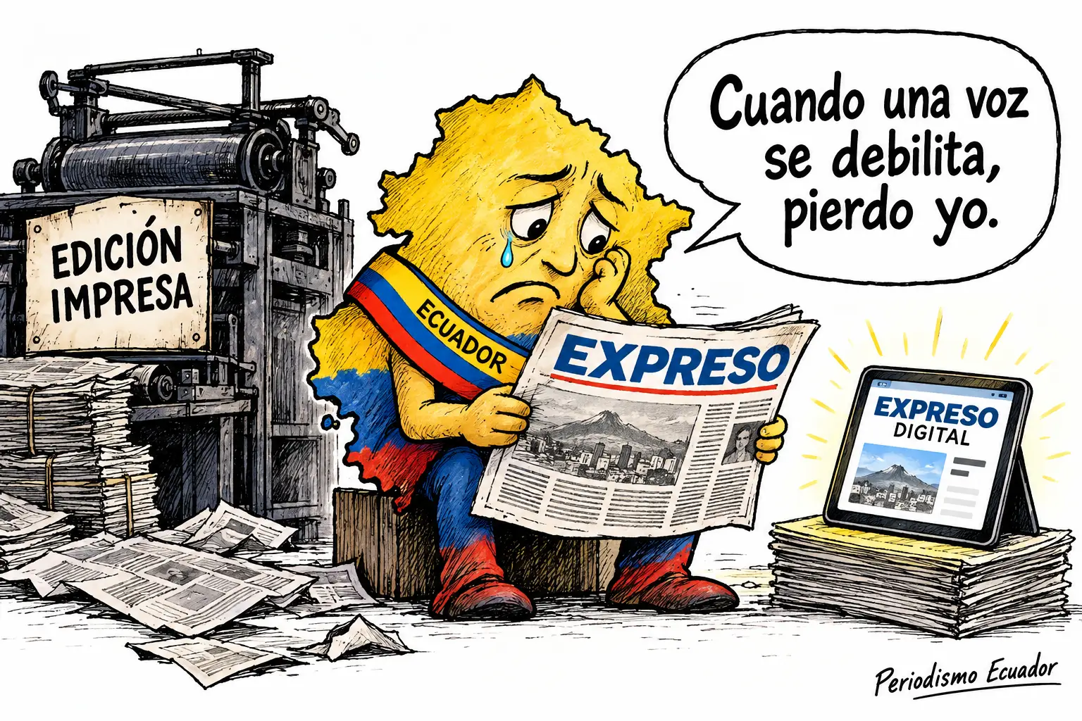 Caricatura de Ecuador lamentando el fin de la edición impresa de Expreso, mientras continúa su versión digital