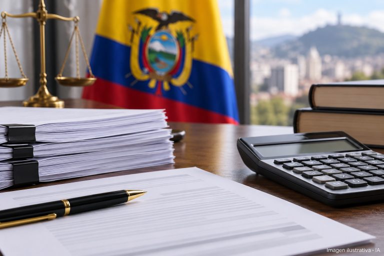 Ilustración con IA de documentos, calculadora y bandera de Ecuador para una nota sobre el Código Tributario