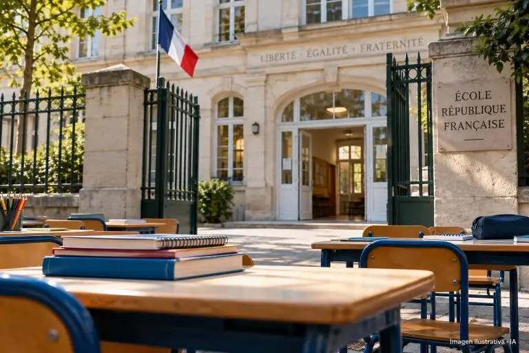 Ilustración con IA de un centro educativo genérico con libros y bandera francesa