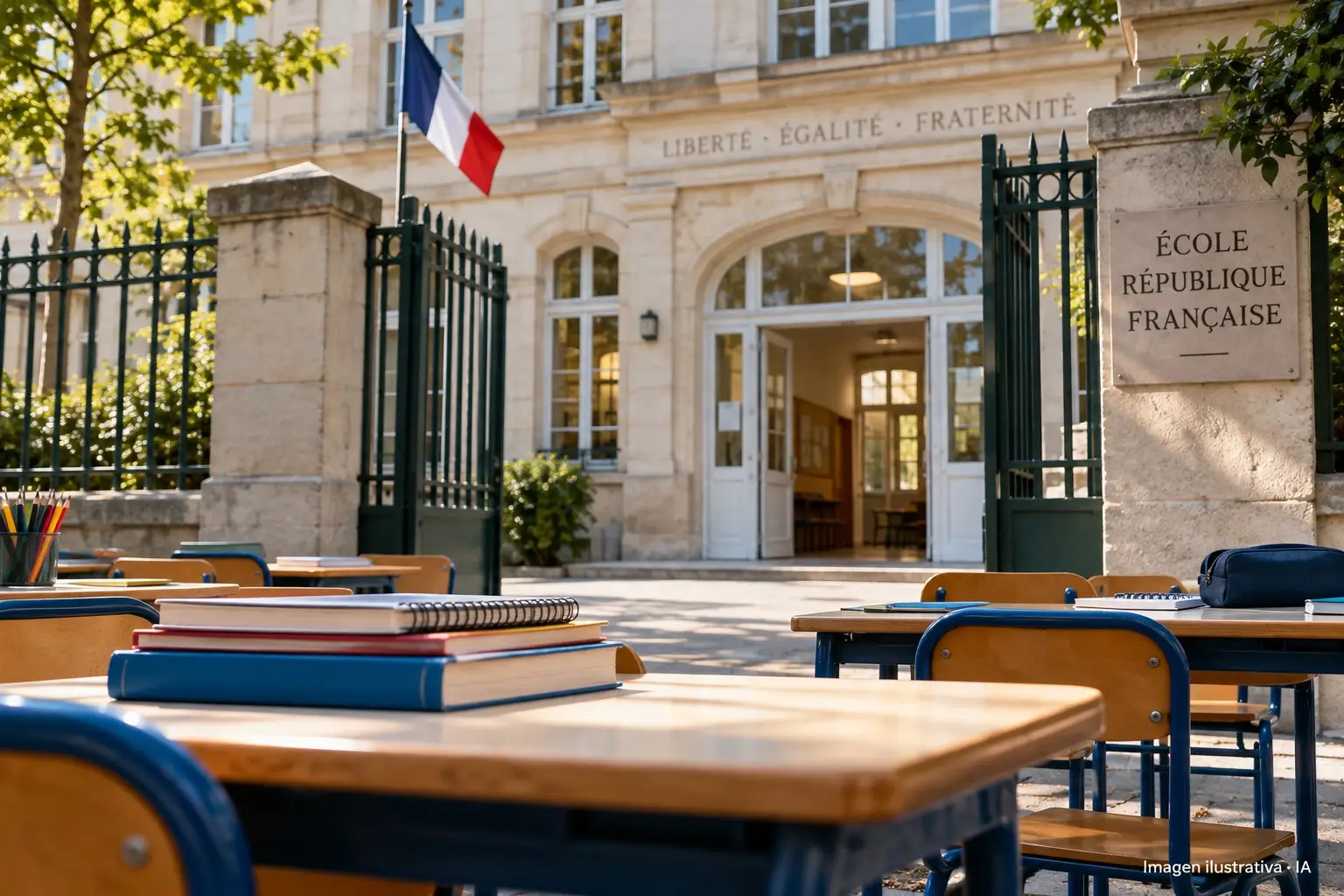 Ilustración con IA de un centro educativo genérico con libros y bandera francesa