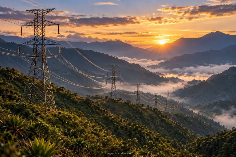 Ilustración con IA de torres de transmisión eléctrica en un paisaje andino