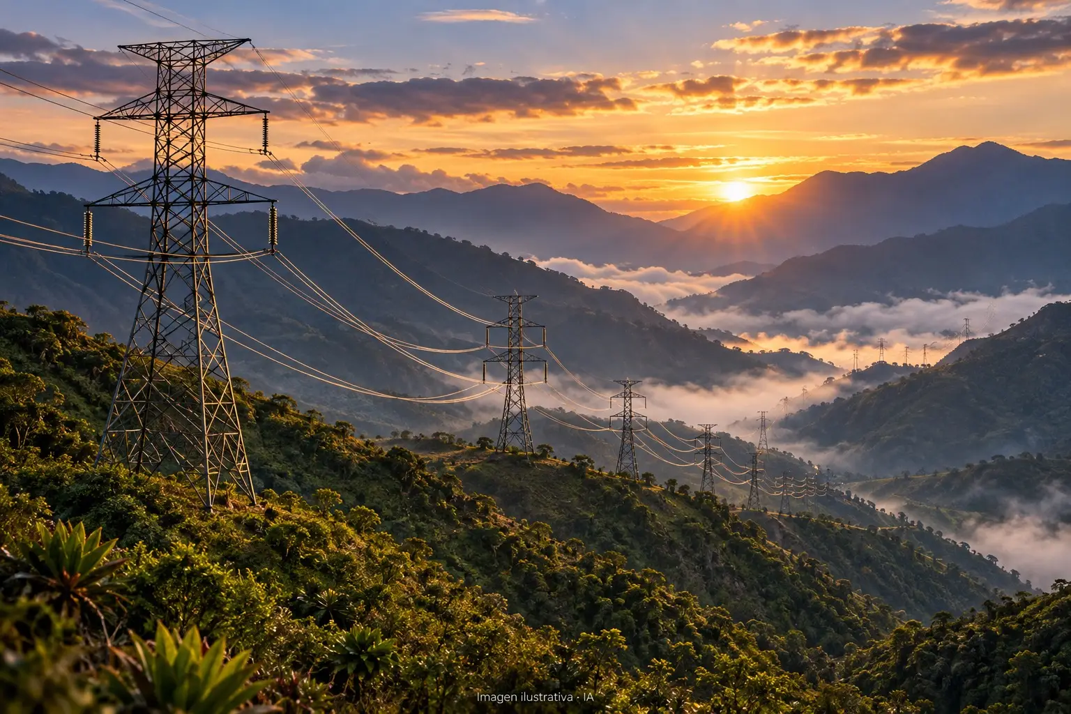 Ilustración con IA de torres de transmisión eléctrica en un paisaje andino