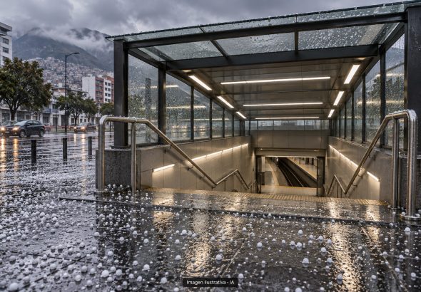 Ilustración con IA de una entrada genérica de metro con granizo en el pavimento