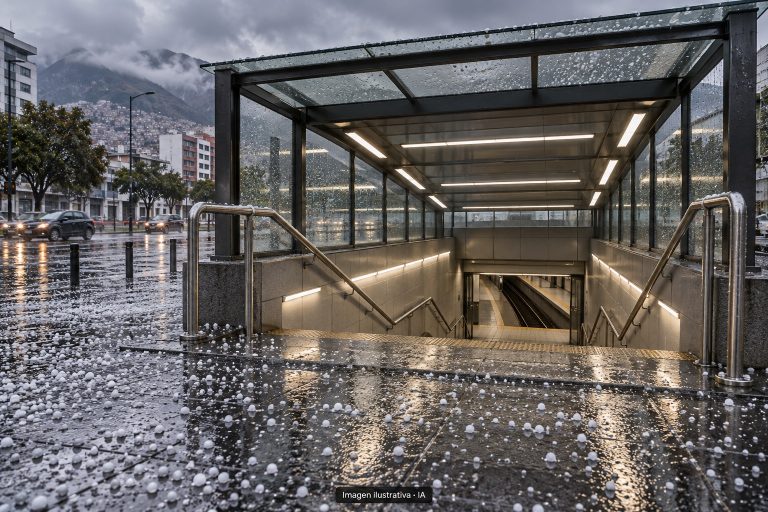 Ilustración con IA de una entrada genérica de metro con granizo en el pavimento