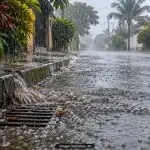 Ilustración con IA de lluvia intensa, charcos y una alcantarilla en una calle tropical