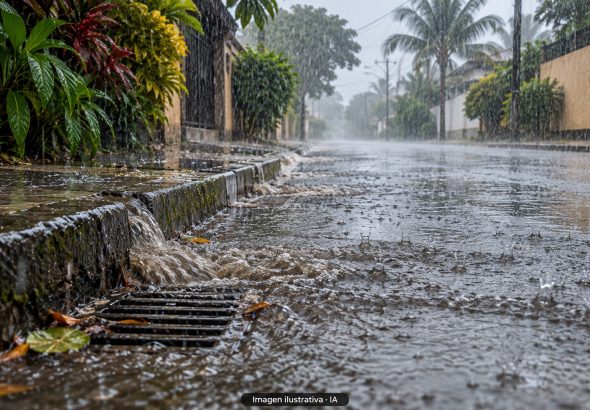 Ilustración con IA de lluvia intensa, charcos y una alcantarilla en una calle tropical
